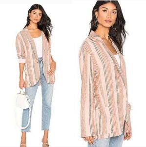 Free People Linen Strawberry Sorbet Pink Orange Stripe Blazer Size M